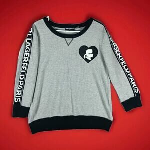 Karl Lagerfeld Paris Sweater Women Medium Gray Crewneck Logo Tape Heart Patch